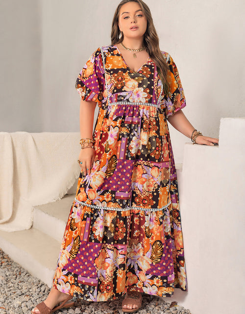 Load image into Gallery viewer, Plus Size Printed V-Neck Half Sleeve Maxi Dress
