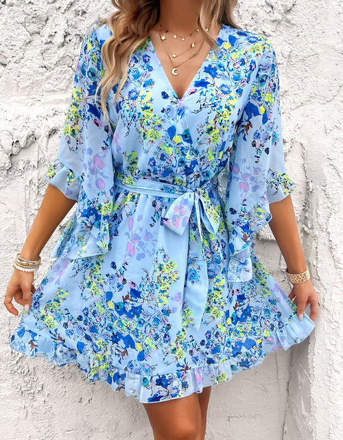 Load image into Gallery viewer, Ruffled Printed Surplice Half Sleeve Mini Dress
