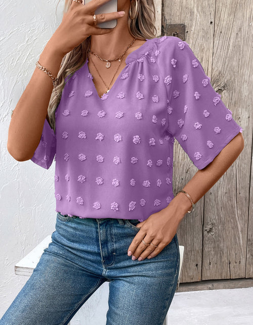 Load image into Gallery viewer, Swiss Dot Notched Half Sleeve Blouse
