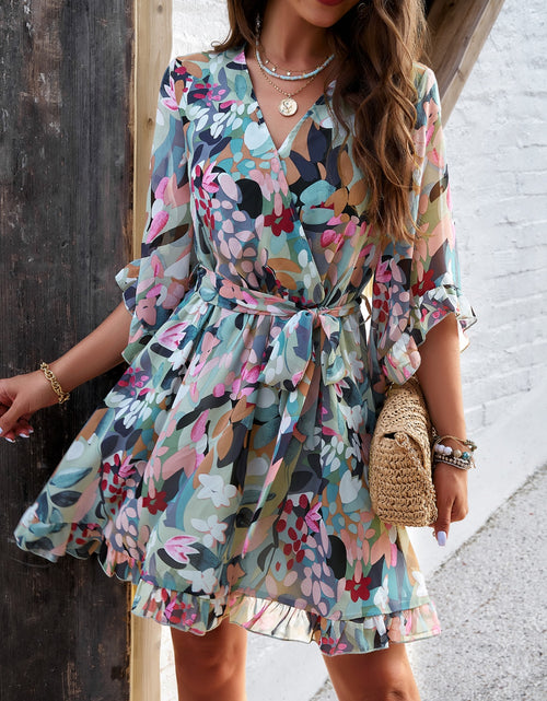 Load image into Gallery viewer, Ruffled Printed Surplice Half Sleeve Mini Dress
