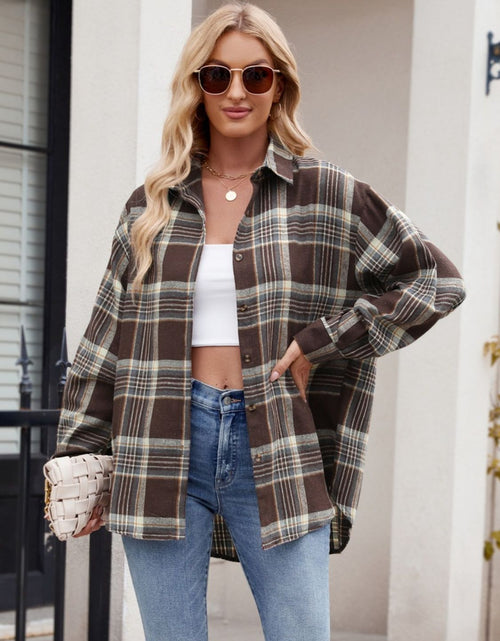 Load image into Gallery viewer, Pocketed Plaid Collared Neck Long Sleeve Shirt
