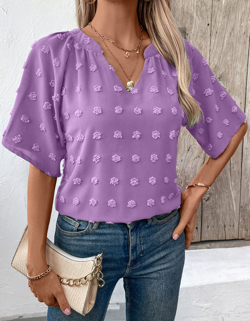 Load image into Gallery viewer, Swiss Dot Notched Half Sleeve Blouse
