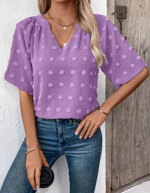 Load image into Gallery viewer, Swiss Dot Notched Half Sleeve Blouse
