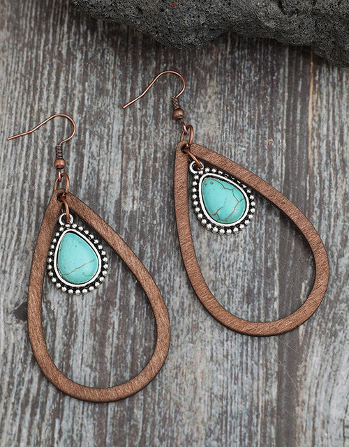 Load image into Gallery viewer, Wooden Turquoise Cutout Teardrop Earrings
