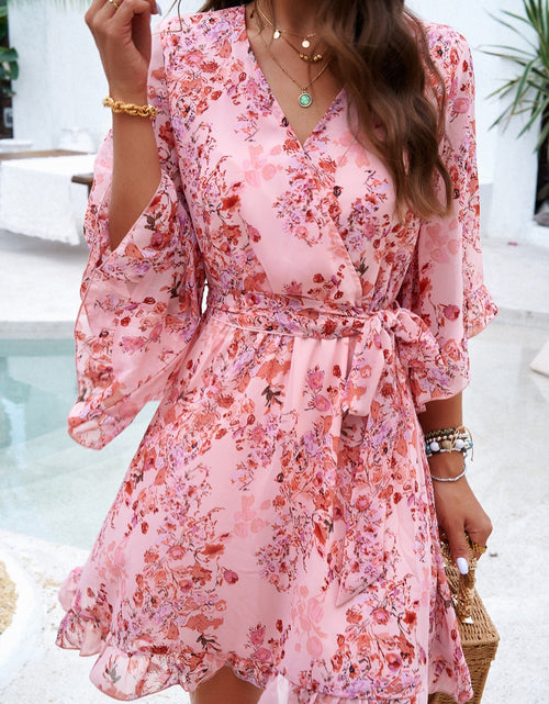 Load image into Gallery viewer, Ruffled Printed Surplice Half Sleeve Mini Dress
