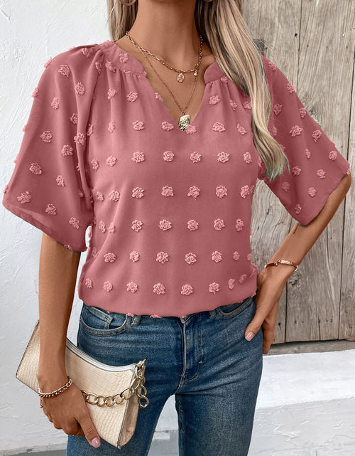 Load image into Gallery viewer, Swiss Dot Notched Half Sleeve Blouse
