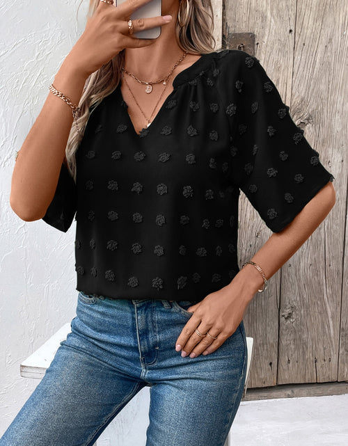 Load image into Gallery viewer, Swiss Dot Notched Half Sleeve Blouse
