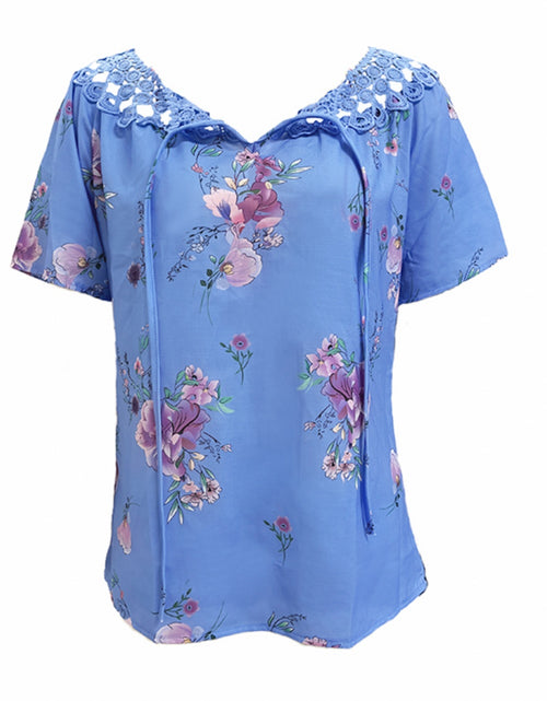 Load image into Gallery viewer, Full Size Printed Tie Neck Short Sleeve Blouse
