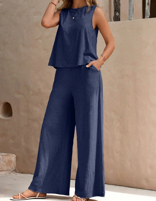 Load image into Gallery viewer, Round Neck Sleeveless Top and Wide Leg Pants Set
