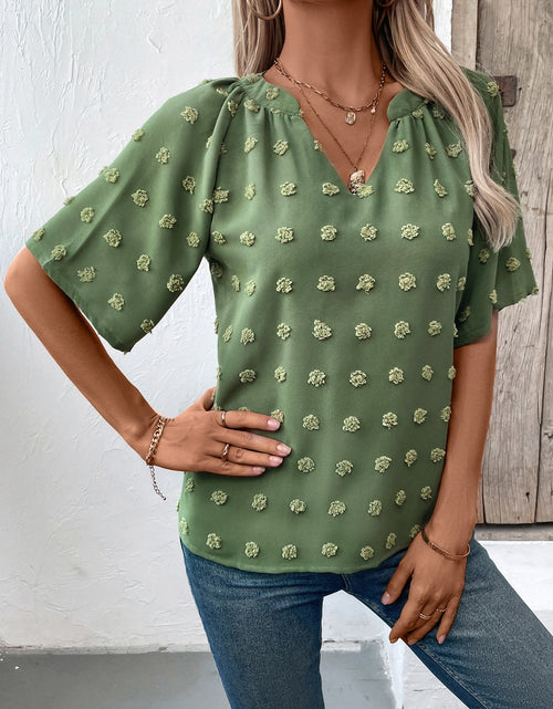 Load image into Gallery viewer, Swiss Dot Notched Half Sleeve Blouse
