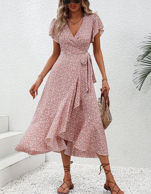 Load image into Gallery viewer, Printed Surplice Flutter Sleeve Midi Dress
