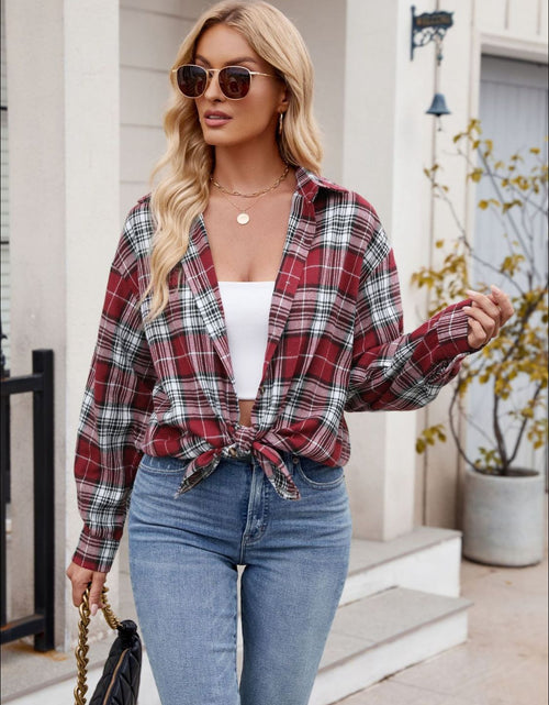 Load image into Gallery viewer, Pocketed Plaid Collared Neck Long Sleeve Shirt
