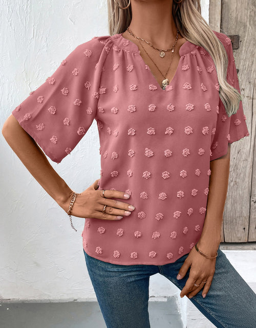 Load image into Gallery viewer, Swiss Dot Notched Half Sleeve Blouse
