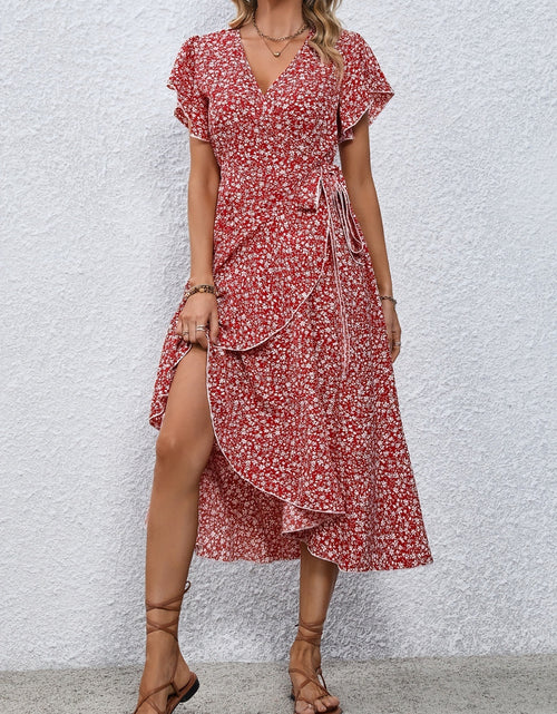 Load image into Gallery viewer, Printed Surplice Flutter Sleeve Midi Dress
