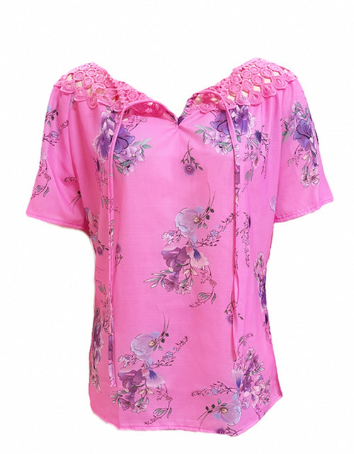 Load image into Gallery viewer, Full Size Printed Tie Neck Short Sleeve Blouse
