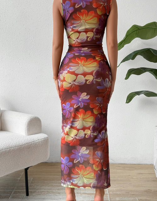 Load image into Gallery viewer, Ruched Slit Printed Round Neck Sleeveless Dress
