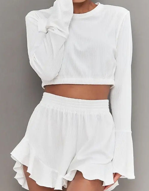 Load image into Gallery viewer, Round Neck Long Sleeve Top and Ruffled Shorts Set
