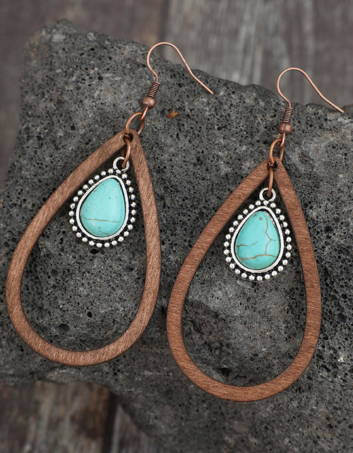 Load image into Gallery viewer, Wooden Turquoise Cutout Teardrop Earrings
