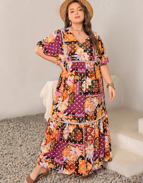 Load image into Gallery viewer, Plus Size Printed V-Neck Half Sleeve Maxi Dress
