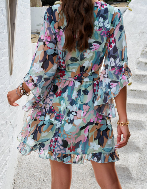 Load image into Gallery viewer, Ruffled Printed Surplice Half Sleeve Mini Dress
