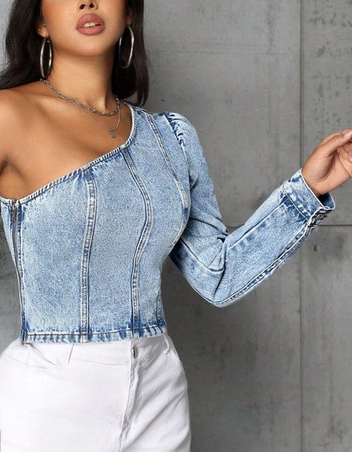 Load image into Gallery viewer, One Shoulder Long Sleeve Denim Top
