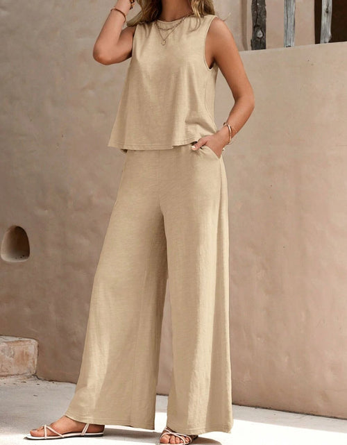 Load image into Gallery viewer, Round Neck Sleeveless Top and Wide Leg Pants Set
