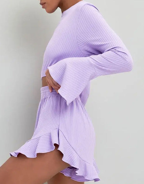 Load image into Gallery viewer, Round Neck Long Sleeve Top and Ruffled Shorts Set
