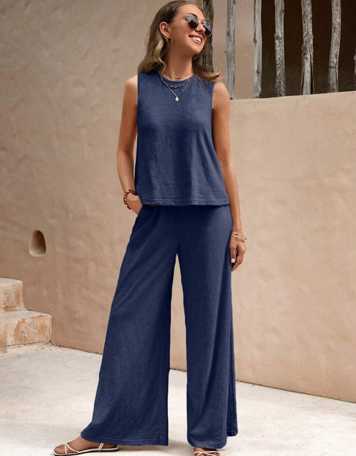 Load image into Gallery viewer, Round Neck Sleeveless Top and Wide Leg Pants Set
