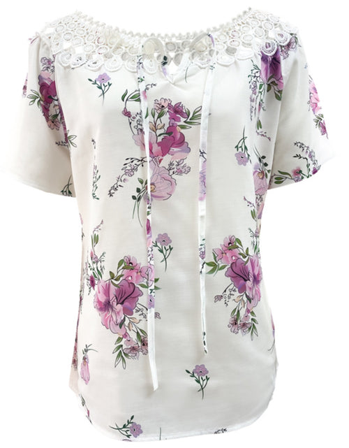 Load image into Gallery viewer, Full Size Printed Tie Neck Short Sleeve Blouse
