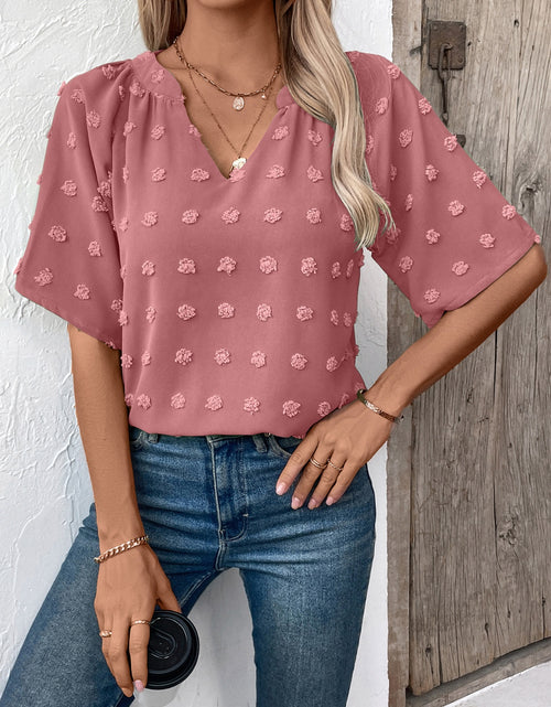 Load image into Gallery viewer, Swiss Dot Notched Half Sleeve Blouse
