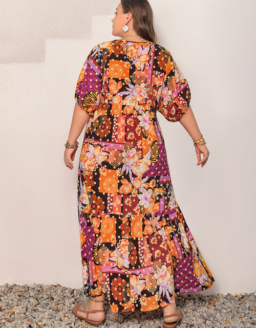 Load image into Gallery viewer, Plus Size Printed V-Neck Half Sleeve Maxi Dress
