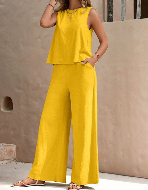 Load image into Gallery viewer, Round Neck Sleeveless Top and Wide Leg Pants Set
