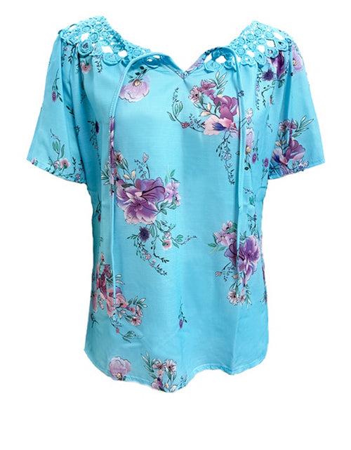 Load image into Gallery viewer, Full Size Printed Tie Neck Short Sleeve Blouse
