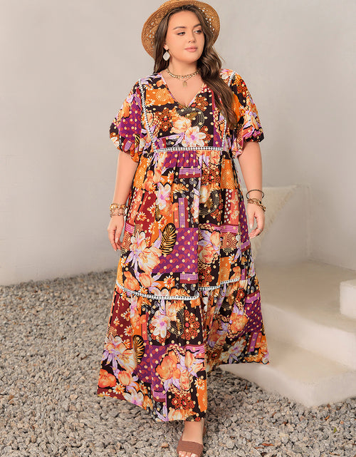 Load image into Gallery viewer, Plus Size Printed V-Neck Half Sleeve Maxi Dress
