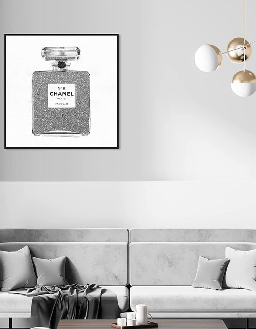 Load image into Gallery viewer, Fashion and Glam Framed Wall Art Canvas Prints &#39;Silver Classic Number 5&#39; Perfumes Home Décor, 30 in X 30 In, Gray, White
