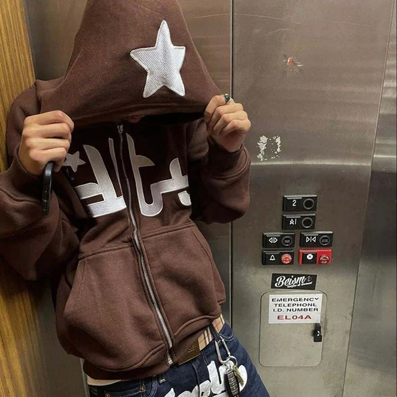 Men Star Letter Printed Hoodies Harajuku High Street Hooded Sweatshirts Y2K Streetwear Hip Hop Gothic Zip up Loose Jacket Coats