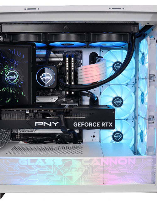 Load image into Gallery viewer, Oasis Blue Glass Cannon Custom Gaming Desktop PC; Nvidia RTX 4090, Intel Core I9 13900K, 64Gb DDR5 RAM, Asus Z790-A Wifi, 2 TB M.2 NVME SSD, Corsair H150I Elite LCD, 1000W Gold PSU, Windows 10 Pro
