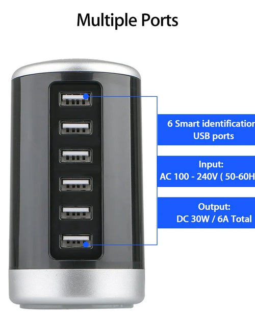 Load image into Gallery viewer, 6 USB Ports Hub 6A/30W Rapid Charging Station Desktop Charger Fits for Phone Tablet Iphone Ipad Samsung LG HTC Moto
