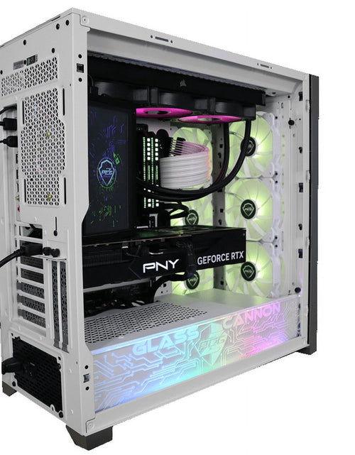 Load image into Gallery viewer, Oasis Blue Glass Cannon Custom Gaming Desktop PC; Nvidia RTX 4090, Intel Core I9 13900K, 64Gb DDR5 RAM, Asus Z790-A Wifi, 2 TB M.2 NVME SSD, Corsair H150I Elite LCD, 1000W Gold PSU, Windows 10 Pro
