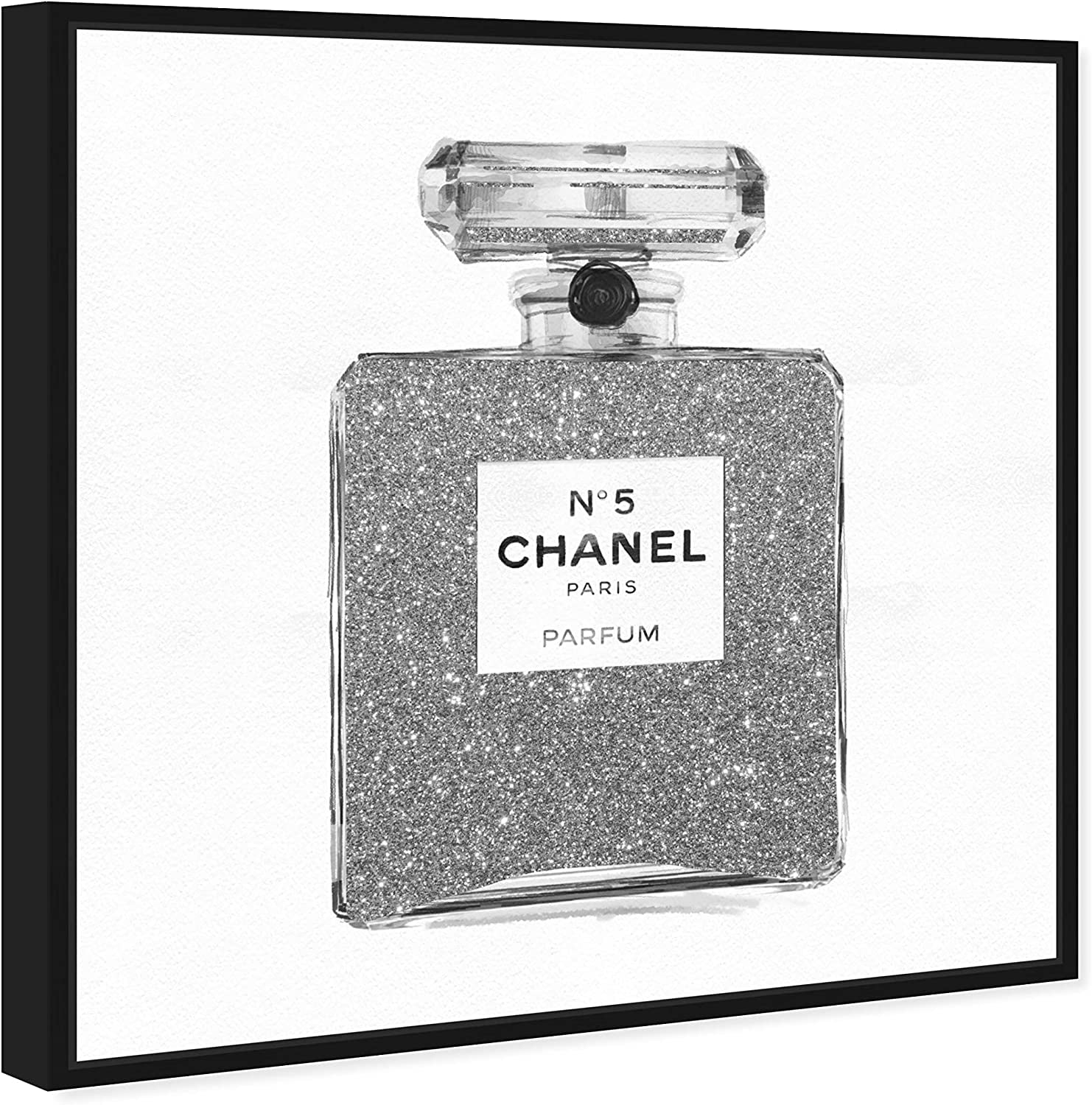 Fashion and Glam Framed Wall Art Canvas Prints 'Silver Classic Number 5' Perfumes Home Décor, 30 in X 30 In, Gray, White