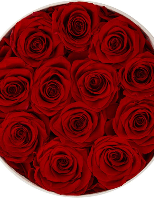 Load image into Gallery viewer, 12 Preserved Rose in a Box Real Roses That Last a Year Preserved Flowers for Delivery Prime Gift for Her Valentines Day Mother Day (Red Roses, round White PU Leather Box)
