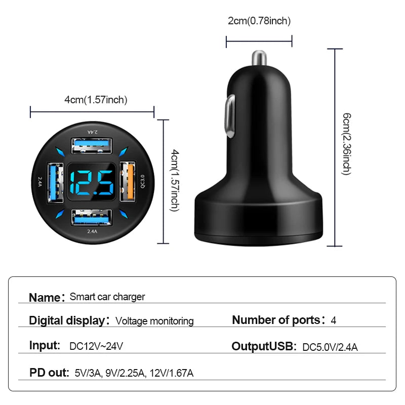 USB Car Charger Fast Charging 66W 4 Ports PD+QC3.0 Fast Charging Car Adapter Cigarette Lighter Socket Splitter for Iphone Xiaomi