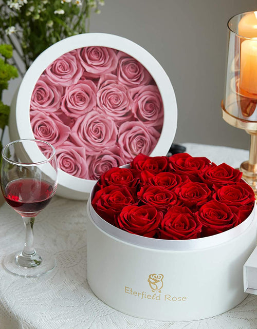 Load image into Gallery viewer, 12 Preserved Rose in a Box Real Roses That Last a Year Preserved Flowers for Delivery Prime Gift for Her Valentines Day Mother Day (Red Roses, round White PU Leather Box)
