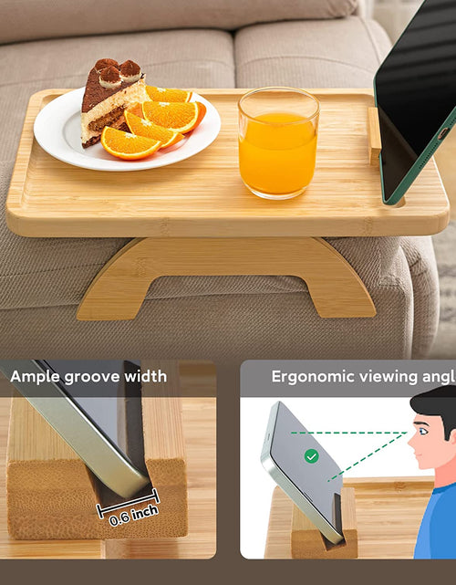 Load image into Gallery viewer, Bamboo Sofa Tray Table Clip on Side Table for Wide Couches Arm, Foldable Couch Tray with 360° Rotating Phone Holder, Armrest Table for Eating/Drinks/Snacks/Remote/Control
