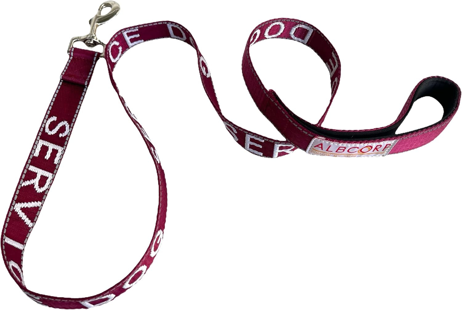 Service Dog Leash - Embroidered- with Padded Neoprene Handle and Reflective Threads, 4 Feet, for Harnesses, Vests or Collars, Maroon