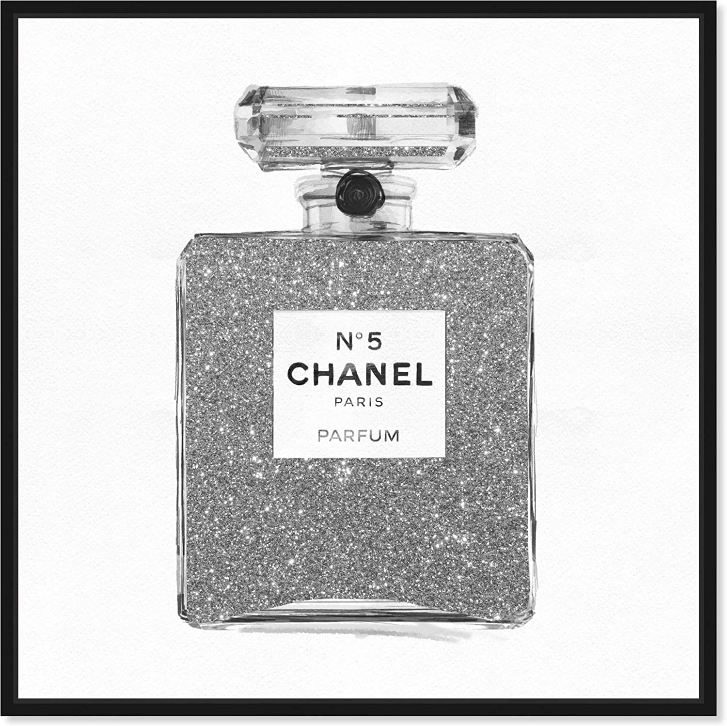 Fashion and Glam Framed Wall Art Canvas Prints 'Silver Classic Number 5' Perfumes Home Décor, 30 in X 30 In, Gray, White