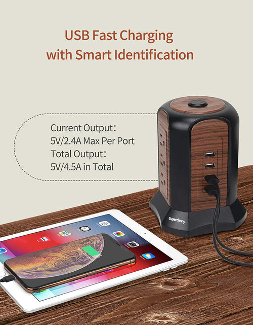 Load image into Gallery viewer, Power Strip Tower Surge Protector, Desktop Charging Station, 10 Ft Extension Cord, 9 Outlets, 4 USB Ports, 1080 Joules, 3-Prong, Grounded, Multiple Protections for Home, Office, Deep Brown
