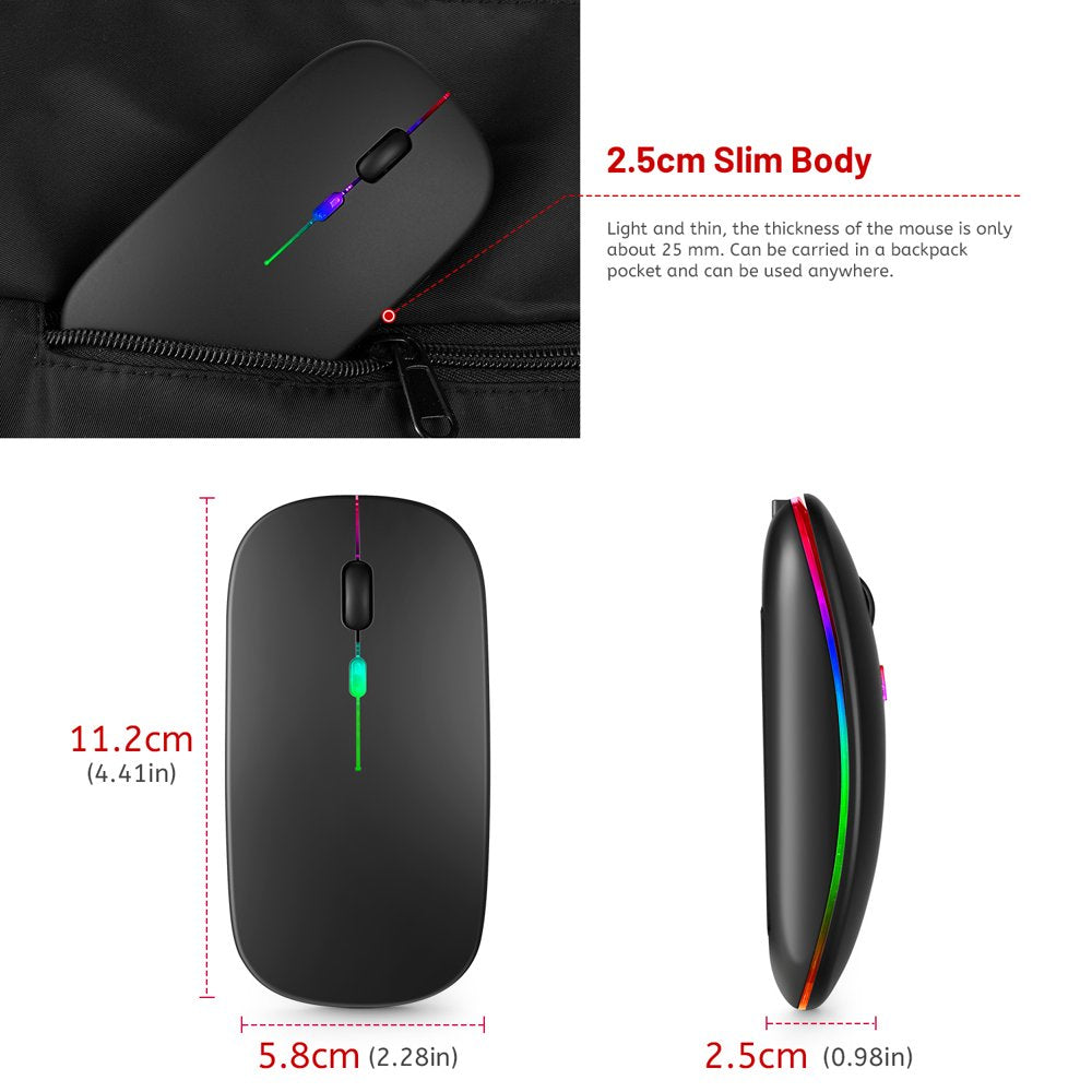 LED Wireless Mouse, Rechargeable Slim Silent Mouse 2.4G Portable Mobile Optical Office Mouse with USB