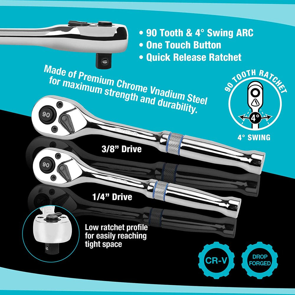 93 Piece Mechanics Tool Set, SAE/ Metric Drive Socket Set(1/4 Inch and 3/8 Inch) with Ratchet Handle Spark Plug Magnetic Bit Driver and Tool Accessories Set