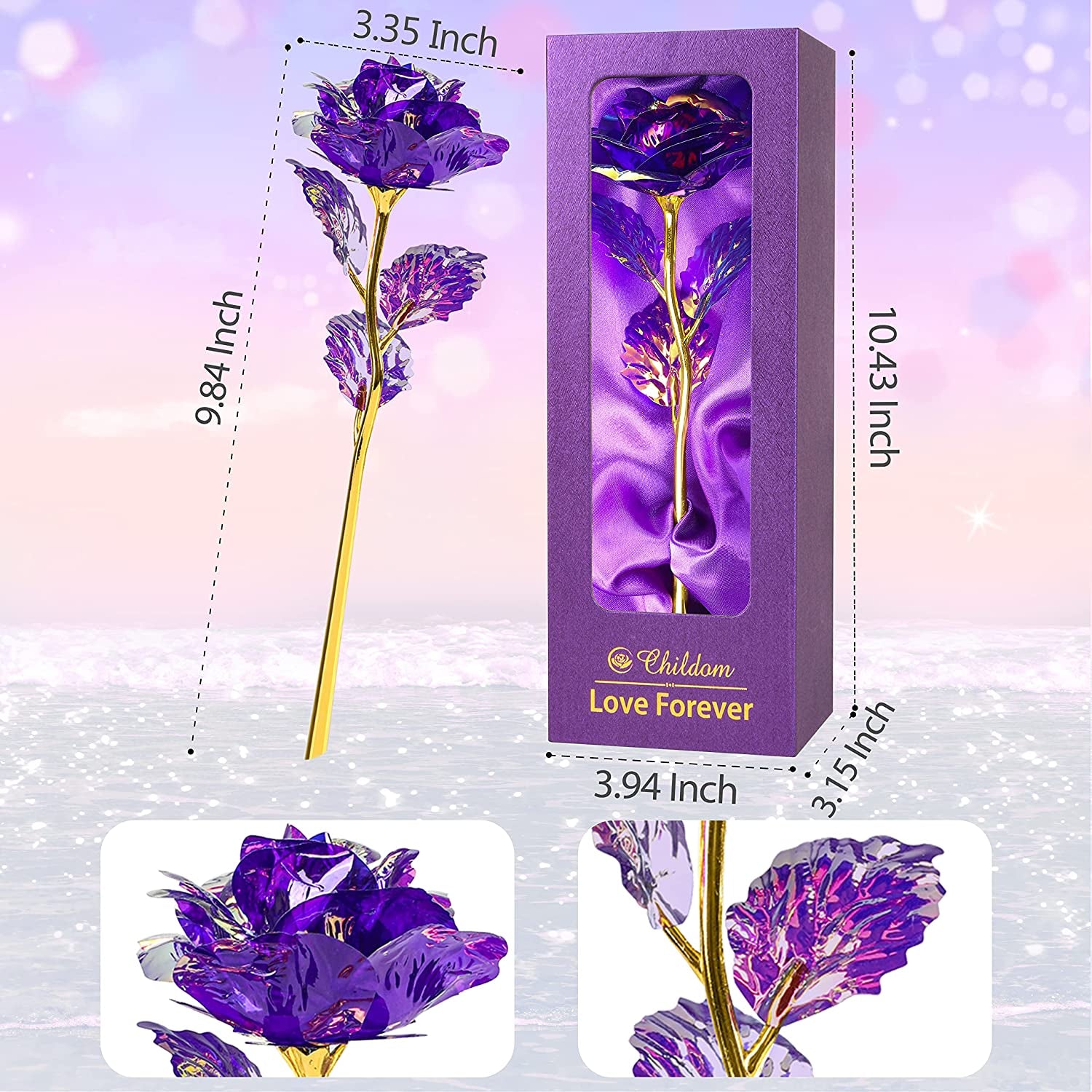 Purple Colorful Rose Flower Present Golden Foil with Luxury Gift Box Great Gift Idea for Valentine'S Day, Mother'S Day, Thanksgiving Day, Christmas, Birthday, Anniversary